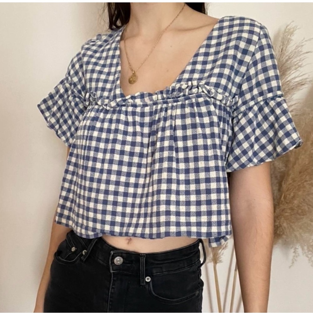 Zara Navy Checkered Ruffle Blouse